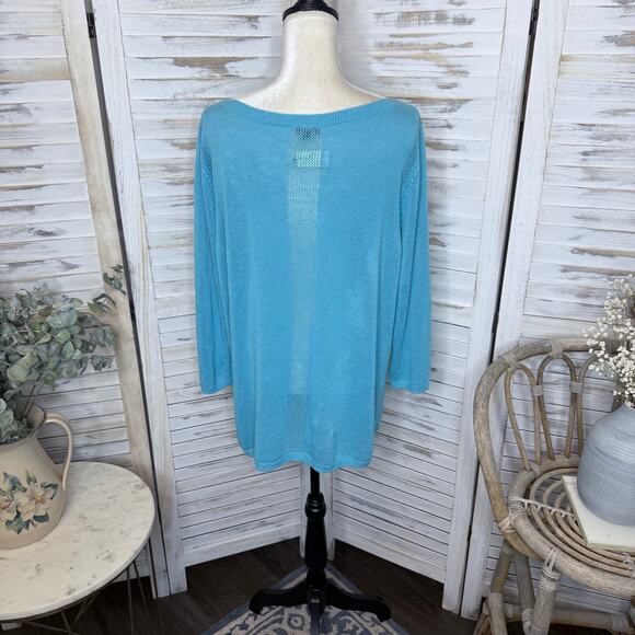 TALBOTS NWT Women's Large Oversized Lightweight Eyelet Knit Linen Sweater Blue - Picture 4 of 13